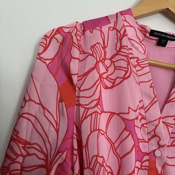 Boston Proper Dress Hot Pink Floral Print Ruffle Flounce Feminine Romantic XS 2 - Picture 9 of 11